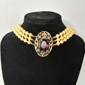 Miriam Haskell Pearl Choker Ornate Filigree Amethyst Glass Centerpiece 1950s tag